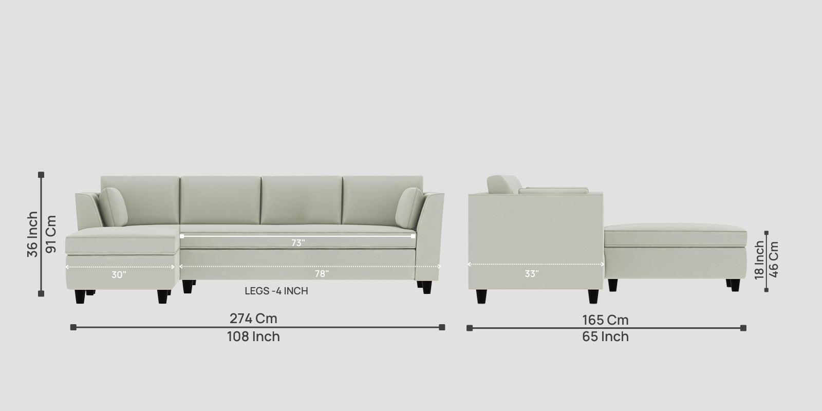 Bristo Velvet RHS Sectional Sofa (3+Lounger) in Bone Grey Colour - Febonic Living
