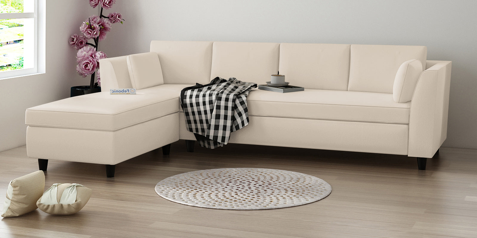 Bristo Velvet RHS Sectional Sofa (3+Lounger) in Camel Beige Colour - Febonic Living