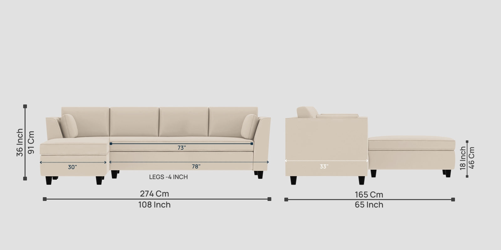 Bristo Velvet RHS Sectional Sofa (3+Lounger) in Camel Beige Colour - Febonic Living