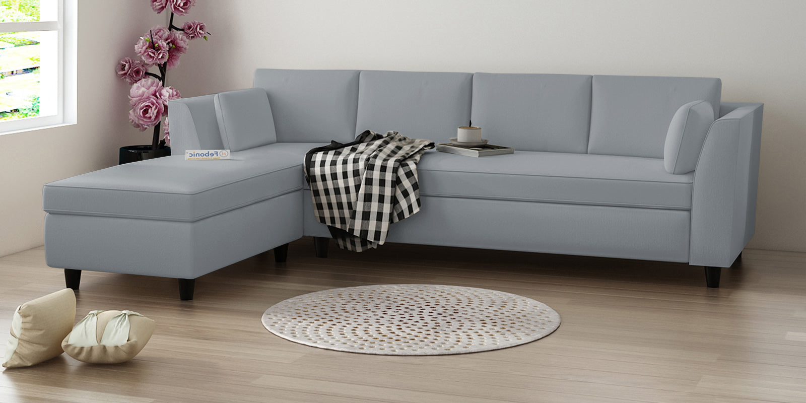 Bristo Velvet RHS Sectional Sofa (3+Lounger) in Concrete Grey Colour - Febonic Living