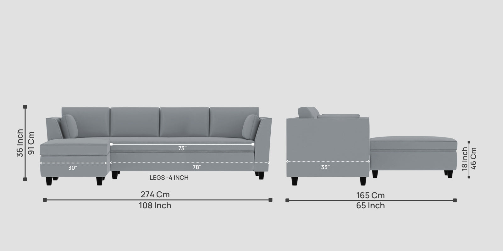 Bristo Velvet RHS Sectional Sofa (3+Lounger) in Concrete Grey Colour - Febonic Living