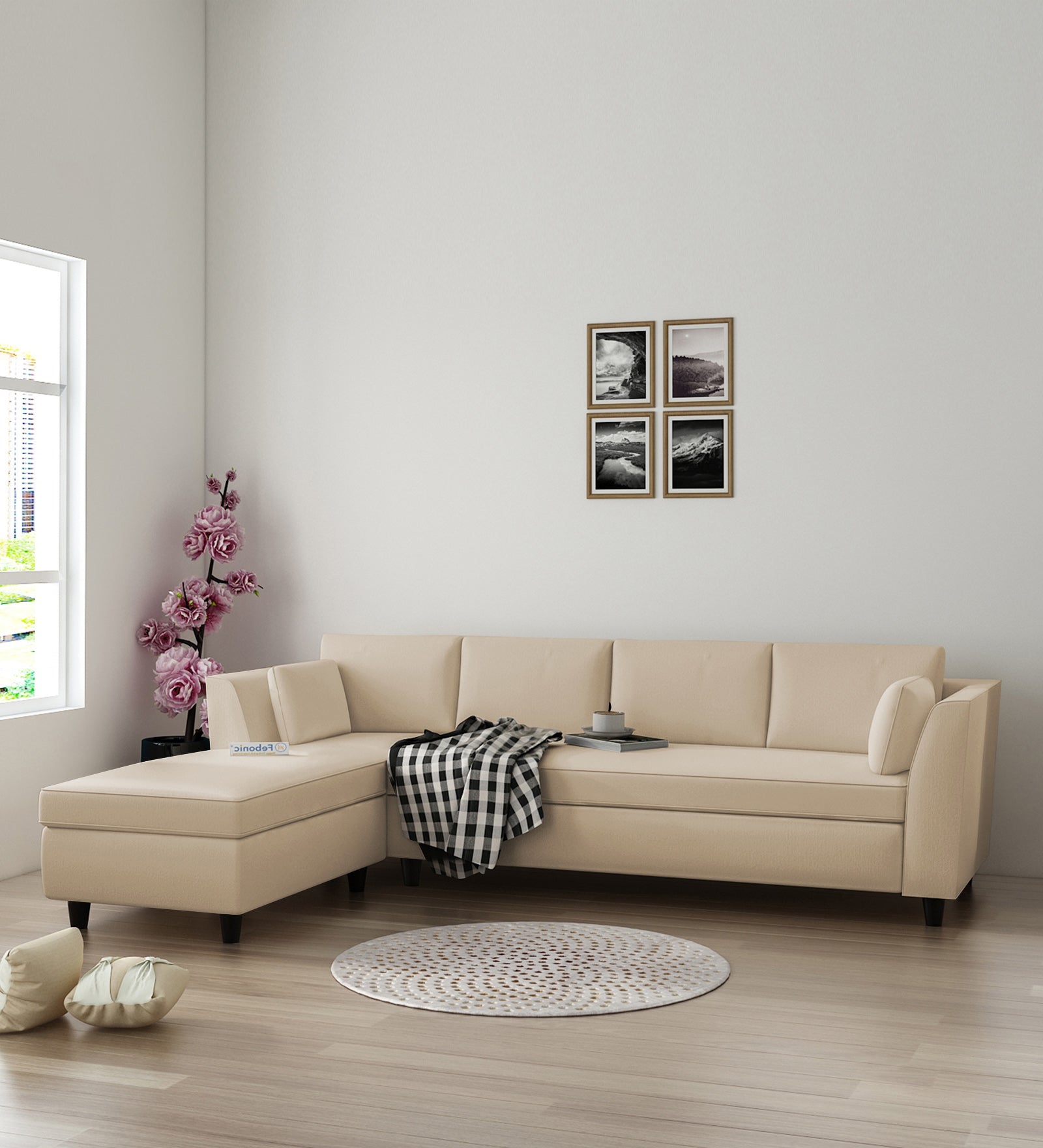 Bristo Velvet RHS Sectional Sofa (3+Lounger) in Cream Beige Colour - Febonic Living