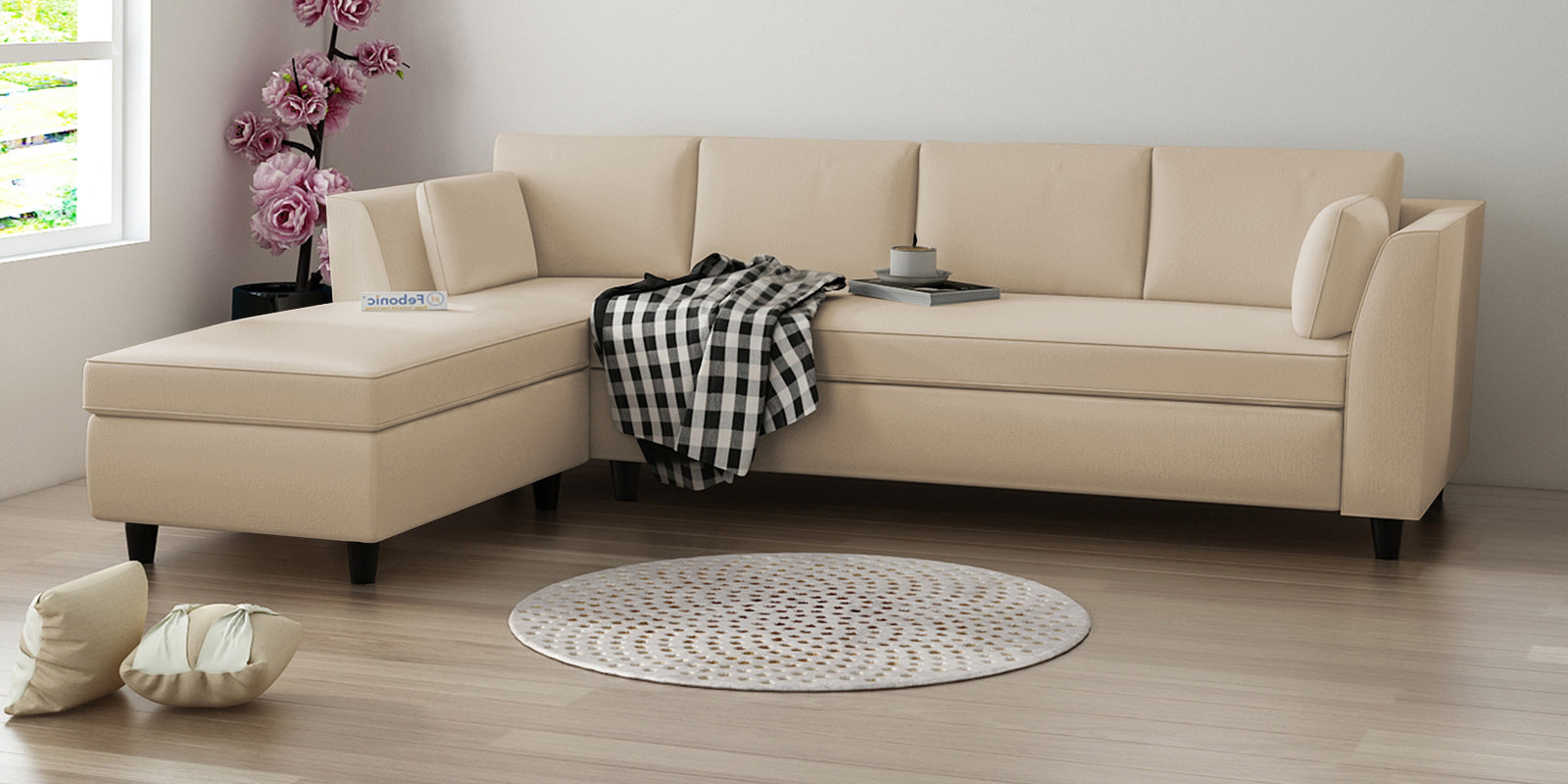 Bristo Velvet RHS Sectional Sofa (3+Lounger) in Cream Beige Colour - Febonic Living