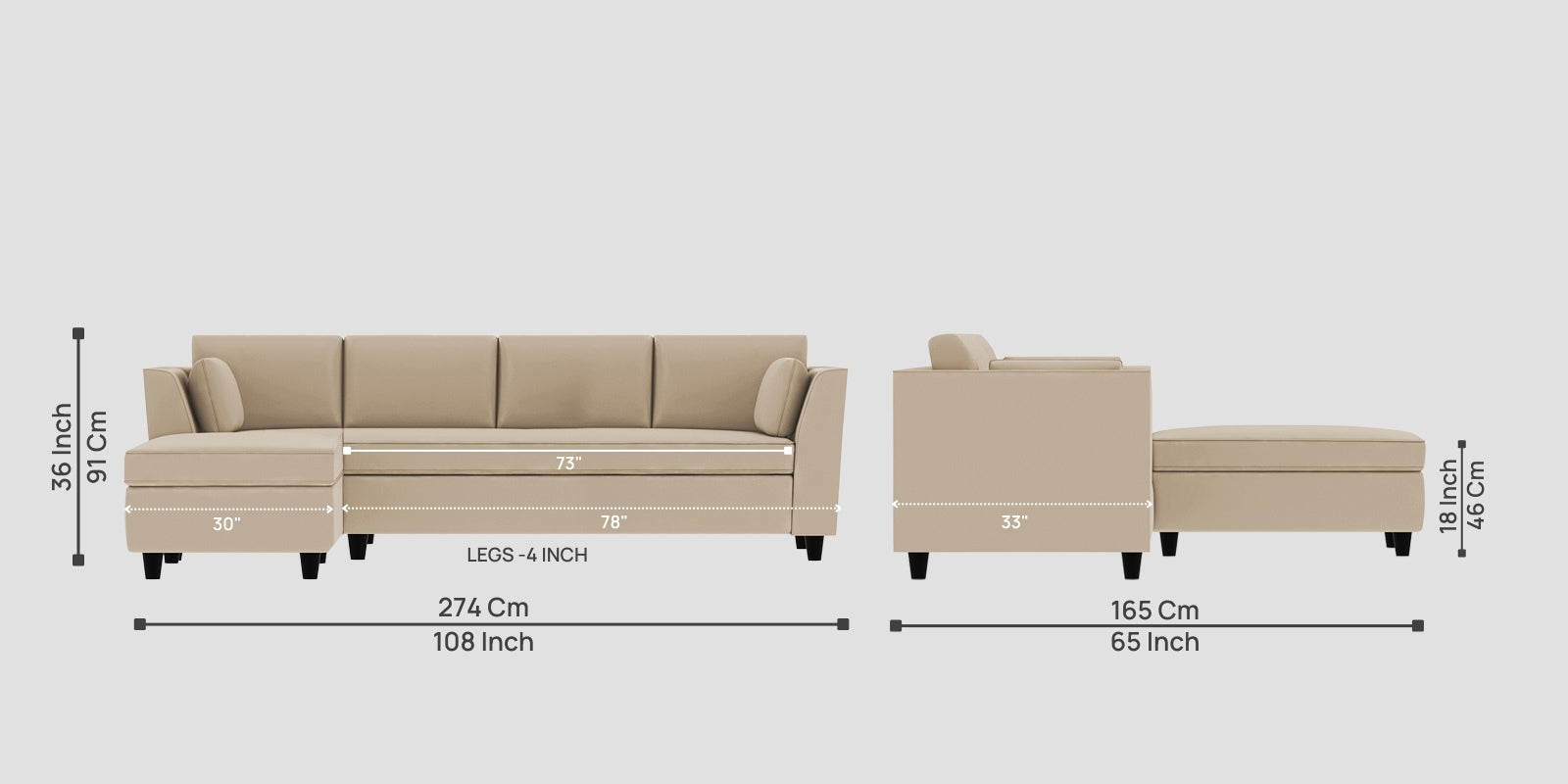 Bristo Velvet RHS Sectional Sofa (3+Lounger) in Cream Beige Colour - Febonic Living