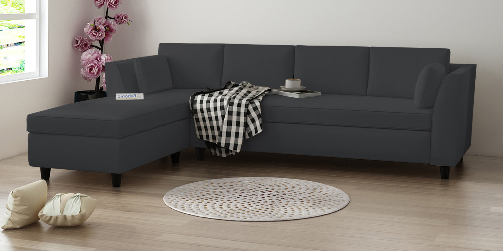 Bristo Velvet RHS Sectional Sofa (3+Lounger) in Davy Grey Colour - Febonic Living