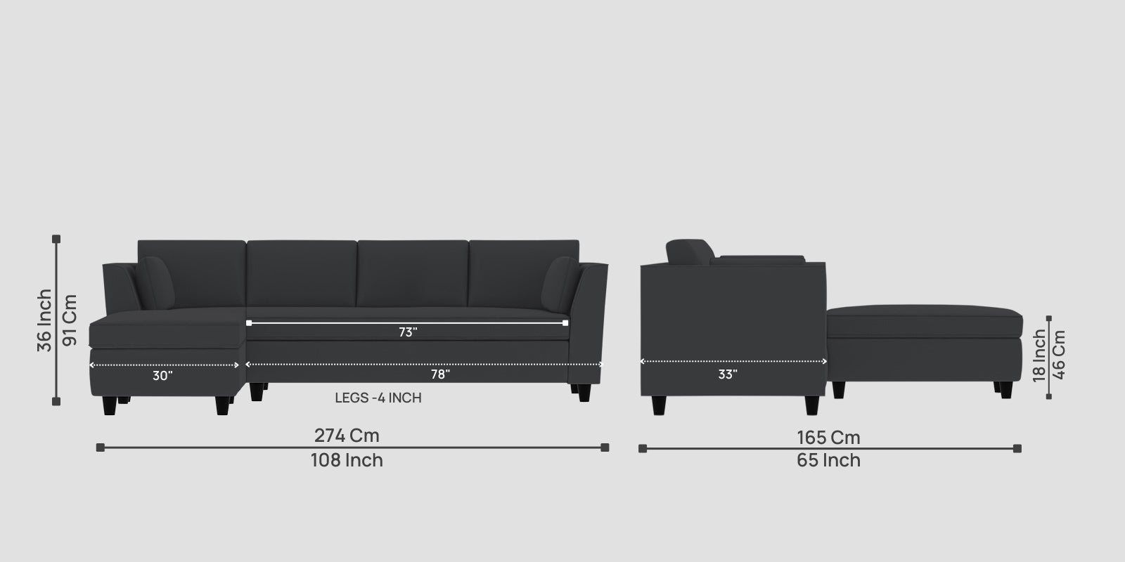 Bristo Velvet RHS Sectional Sofa (3+Lounger) in Davy Grey Colour - Febonic Living