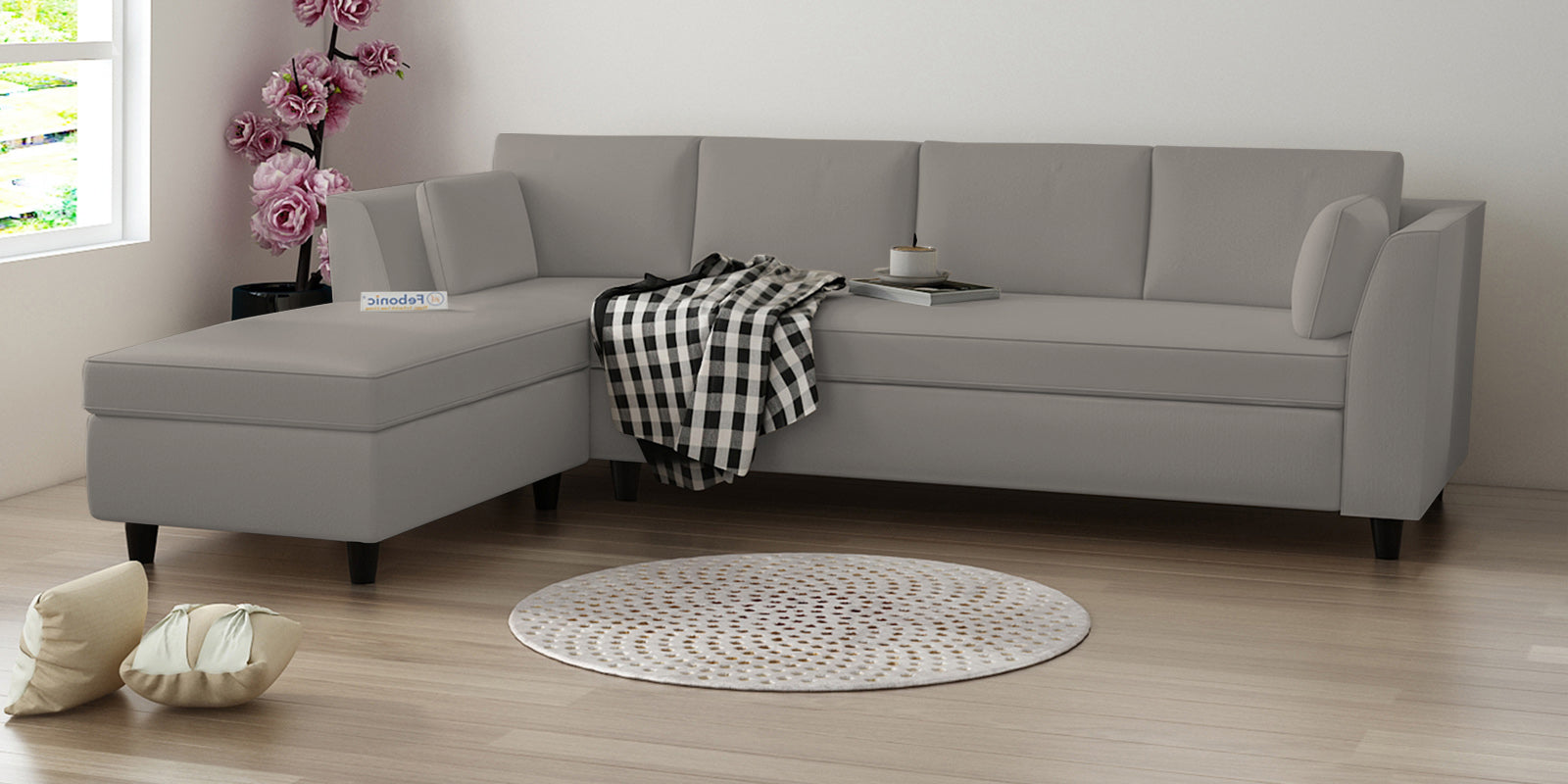 Bristo Velvet RHS Sectional Sofa (3+Lounger) in Echo Grey Colour - Febonic Living