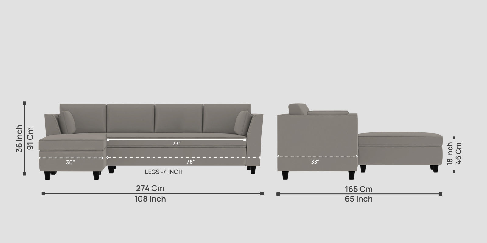 Bristo Velvet RHS Sectional Sofa (3+Lounger) in Echo Grey Colour - Febonic Living
