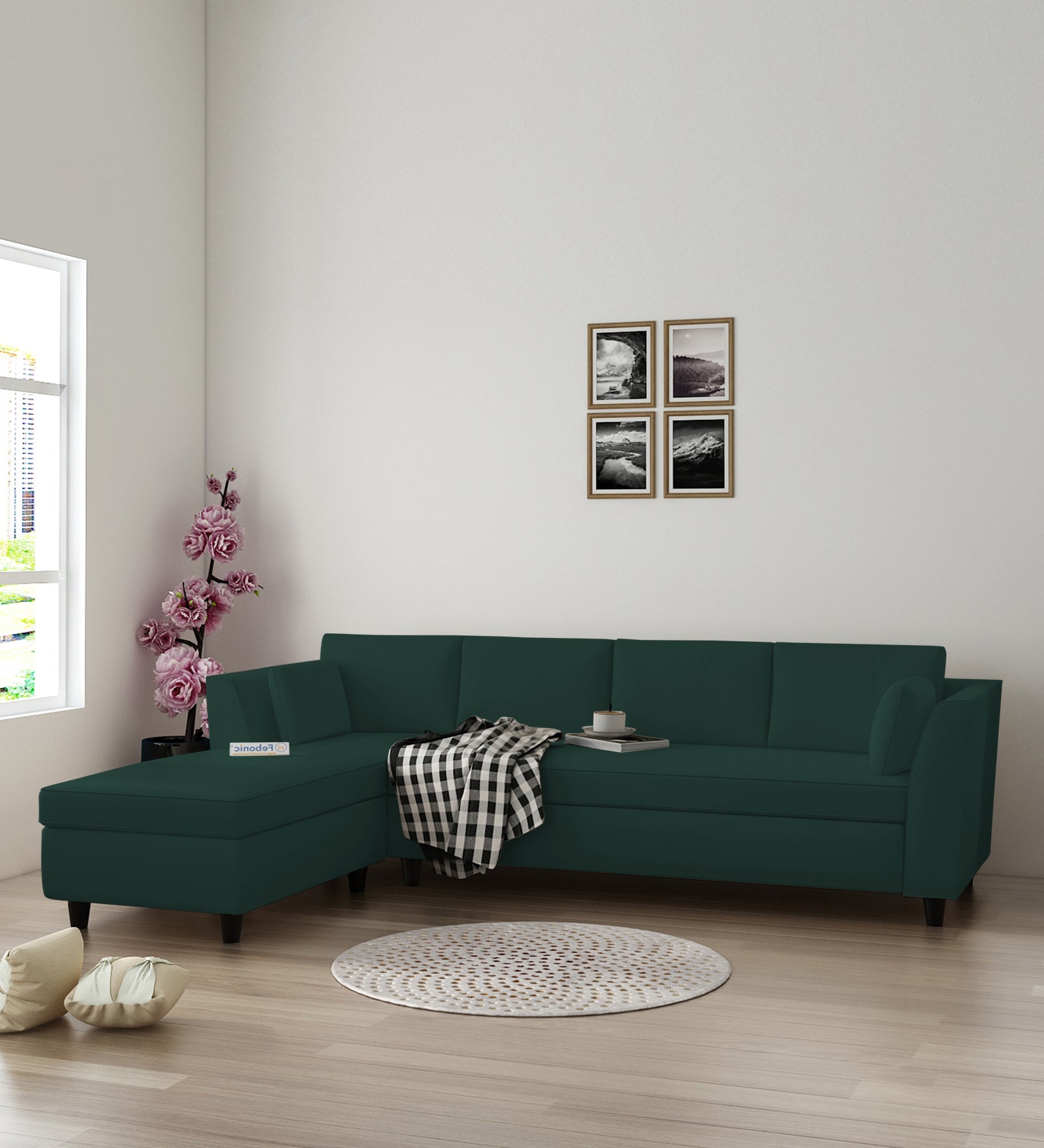 Bristo Velvet RHS Sectional Sofa (3+Lounger) in Forest Green Colour - Febonic Living