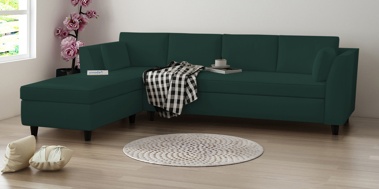 Bristo Velvet RHS Sectional Sofa (3+Lounger) in Forest Green Colour - Febonic Living