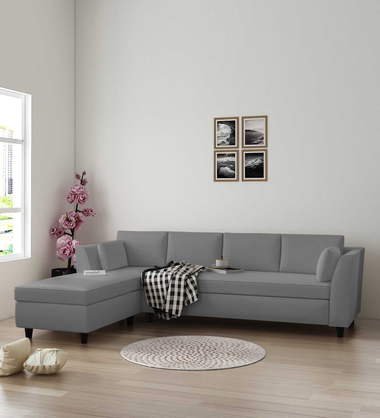 Bristo Velvet RHS Sectional Sofa (3+Lounger) in Light Grey Colour - Febonic Living
