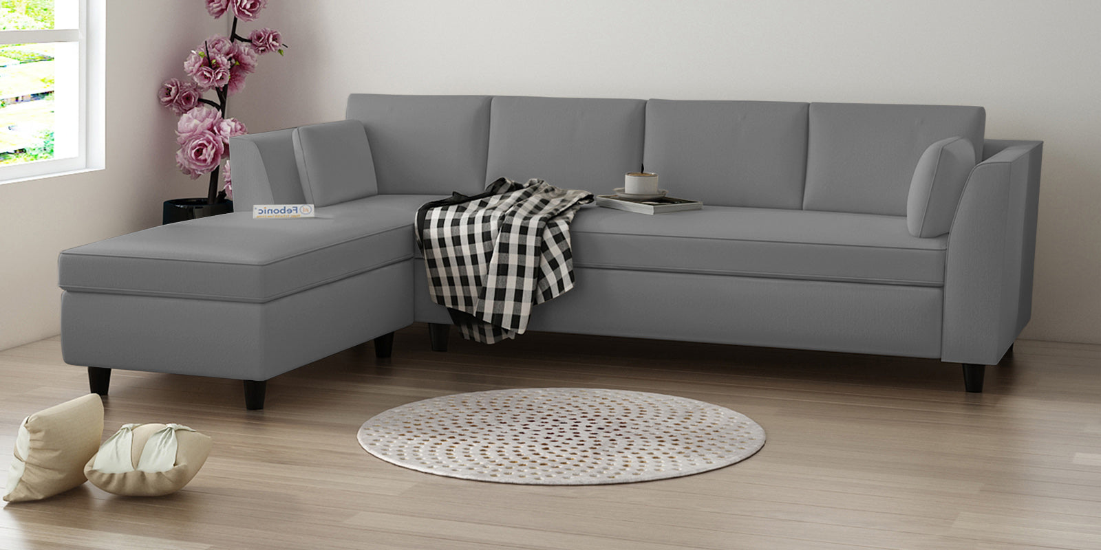 Bristo Velvet RHS Sectional Sofa (3+Lounger) in Light Grey Colour - Febonic Living