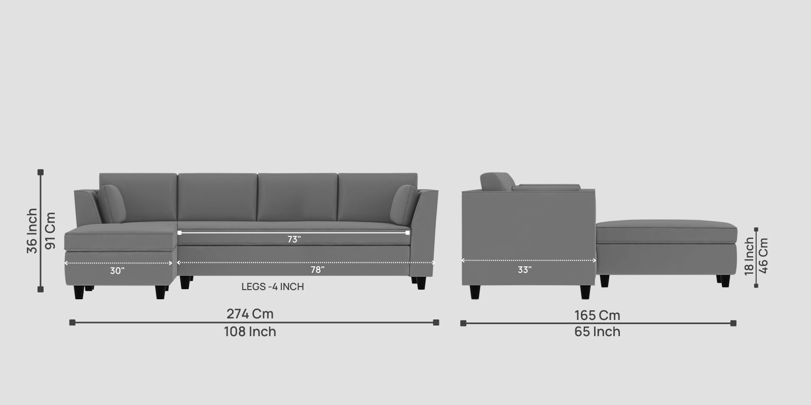 Bristo Velvet RHS Sectional Sofa (3+Lounger) in Light Grey Colour - Febonic Living