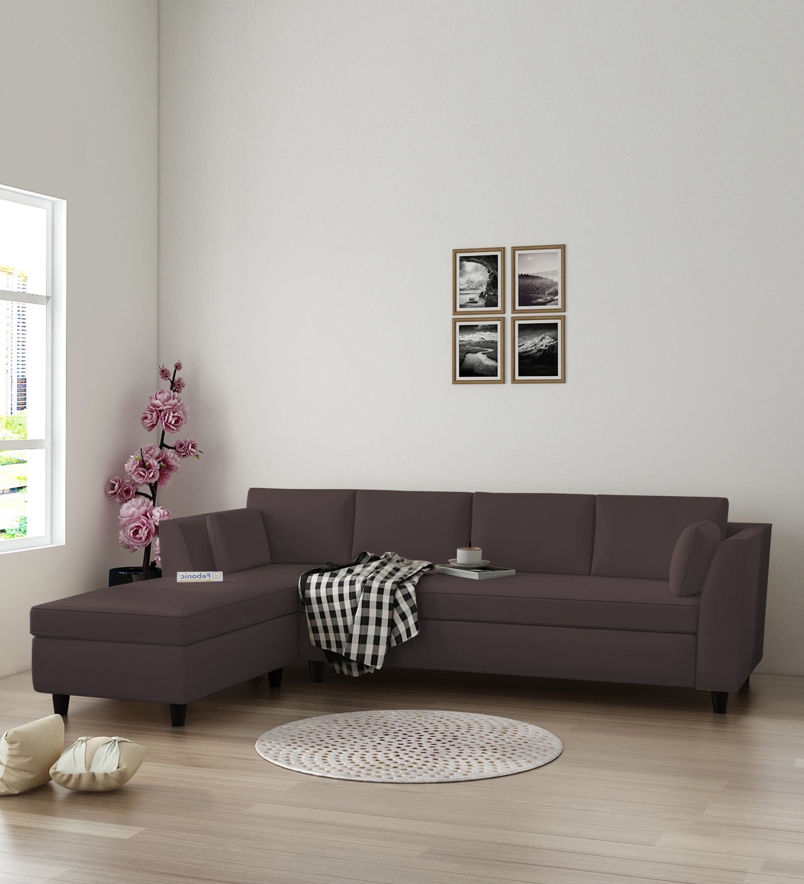 Bristo Velvet RHS Sectional Sofa (3+Lounger) in Mocha Brown Colour - Febonic Living