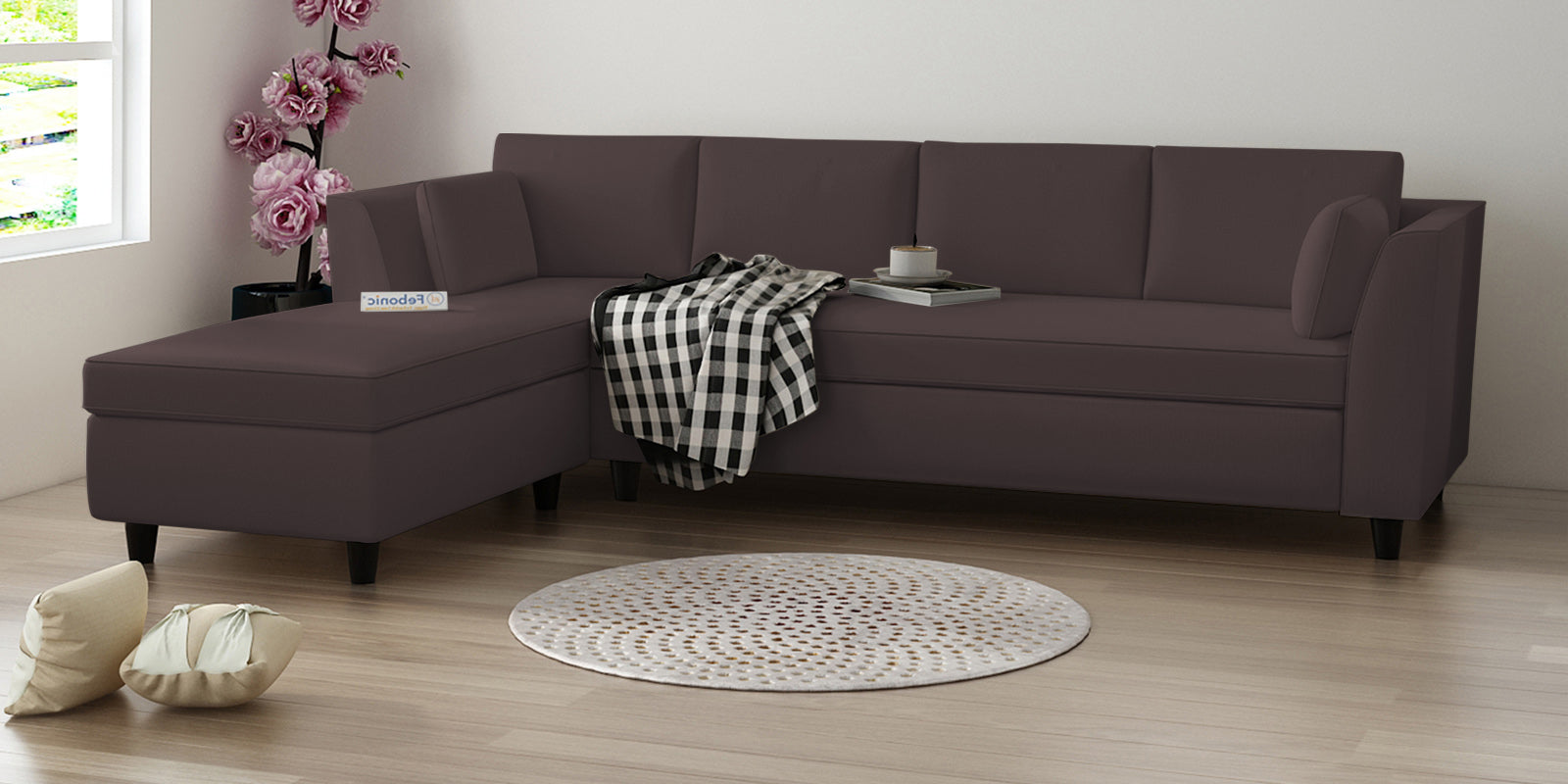 Bristo Velvet RHS Sectional Sofa (3+Lounger) in Mocha Brown Colour - Febonic Living