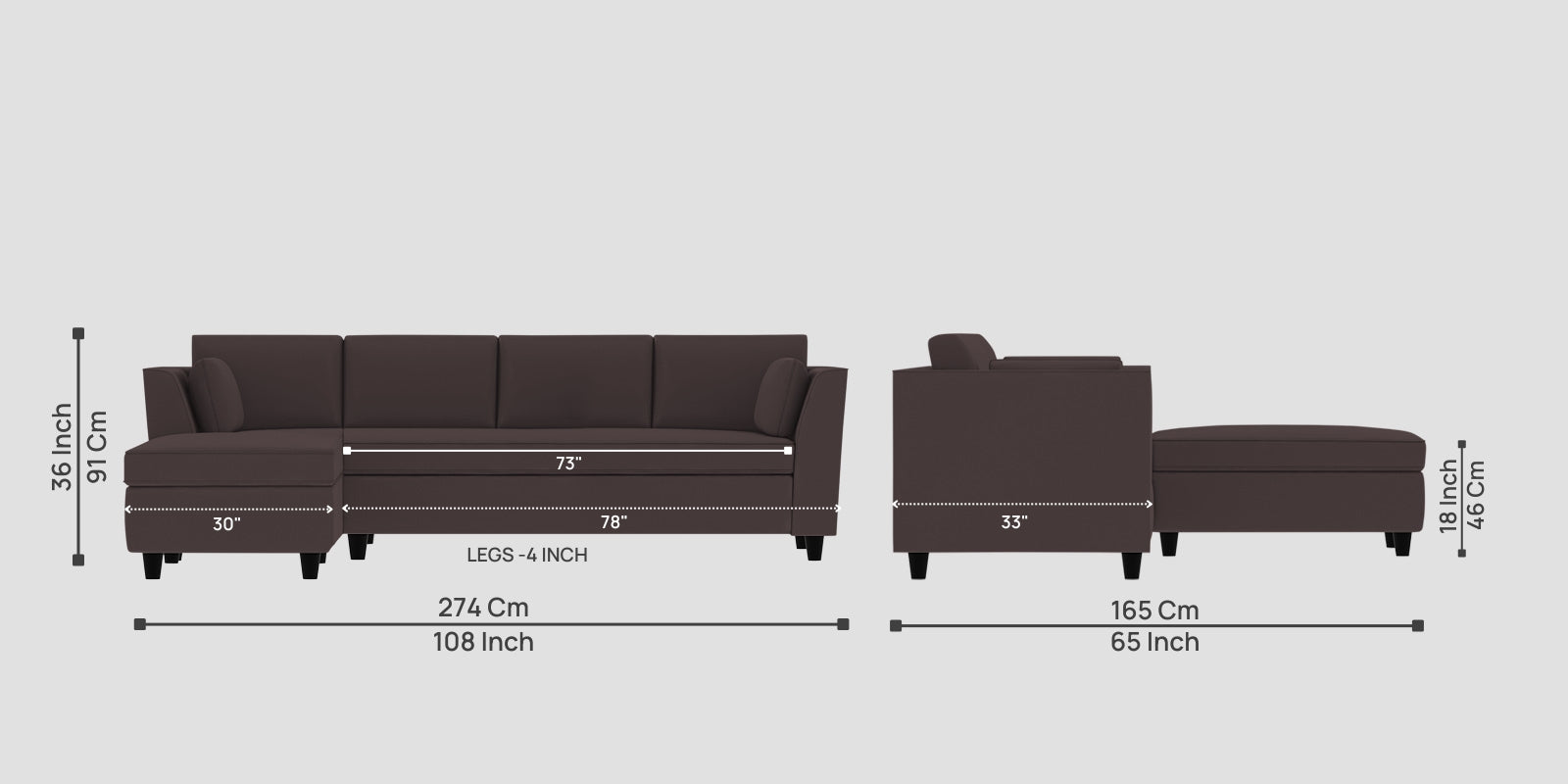 Bristo Velvet RHS Sectional Sofa (3+Lounger) in Mocha Brown Colour - Febonic Living