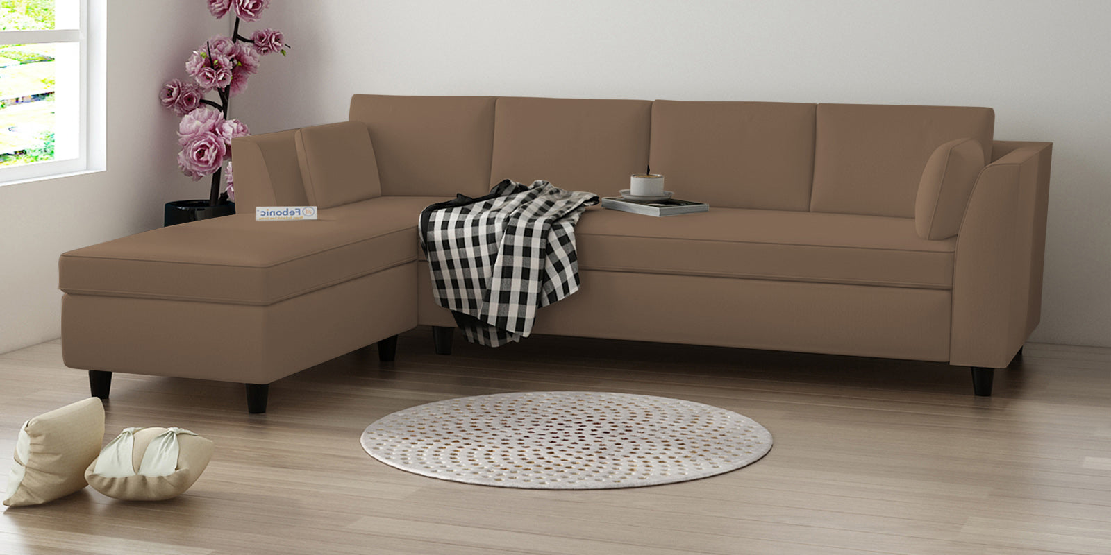 Bristo Velvet RHS Sectional Sofa (3+Lounger) in Mocha Mouse Colour - Febonic Living