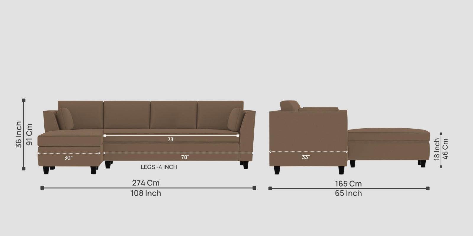Bristo Velvet RHS Sectional Sofa (3+Lounger) in Mocha Mouse Colour - Febonic Living