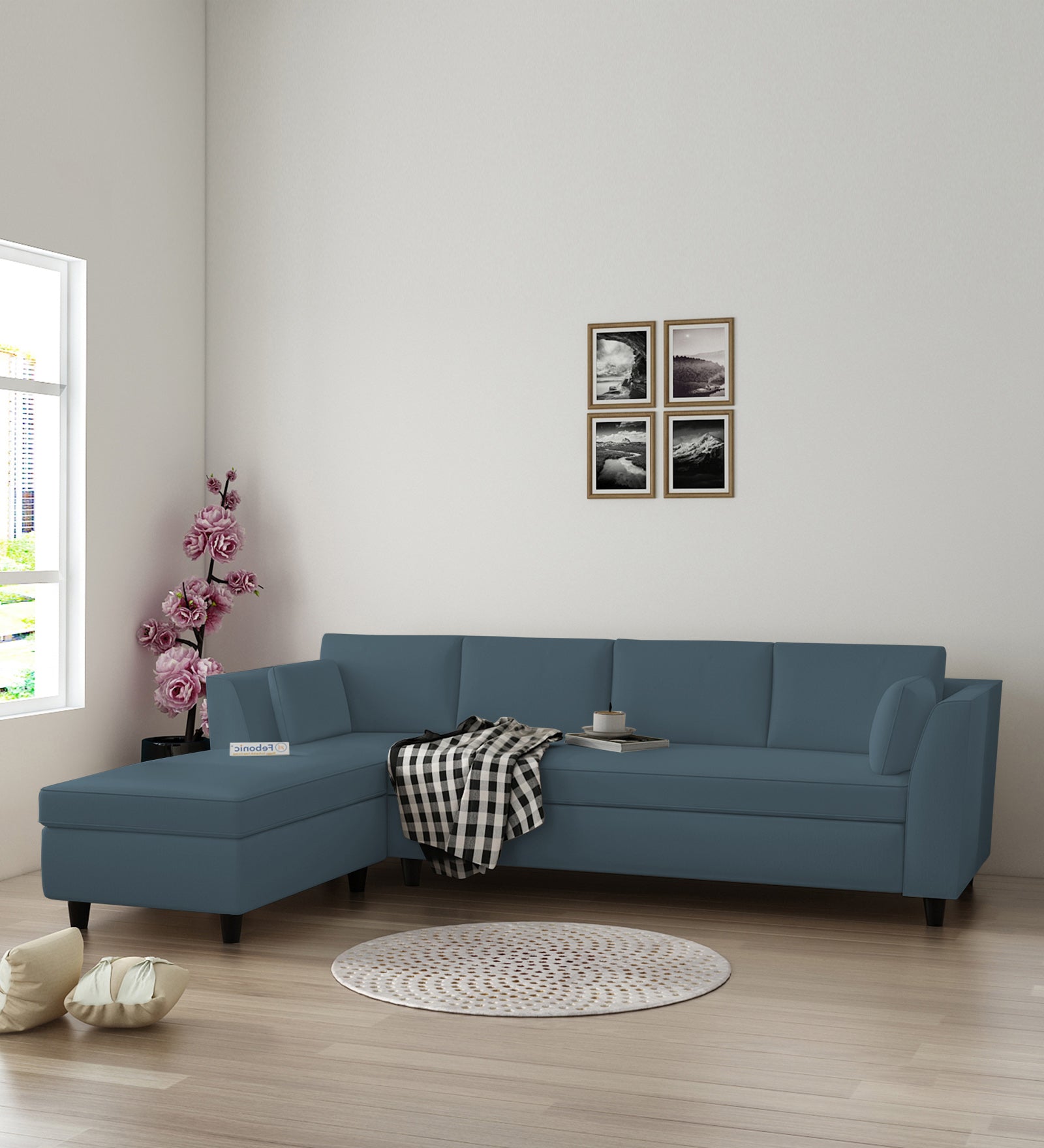 Bristo Velvet RHS Sectional Sofa (3+Lounger) in Oxford Blue Colour - Febonic Living