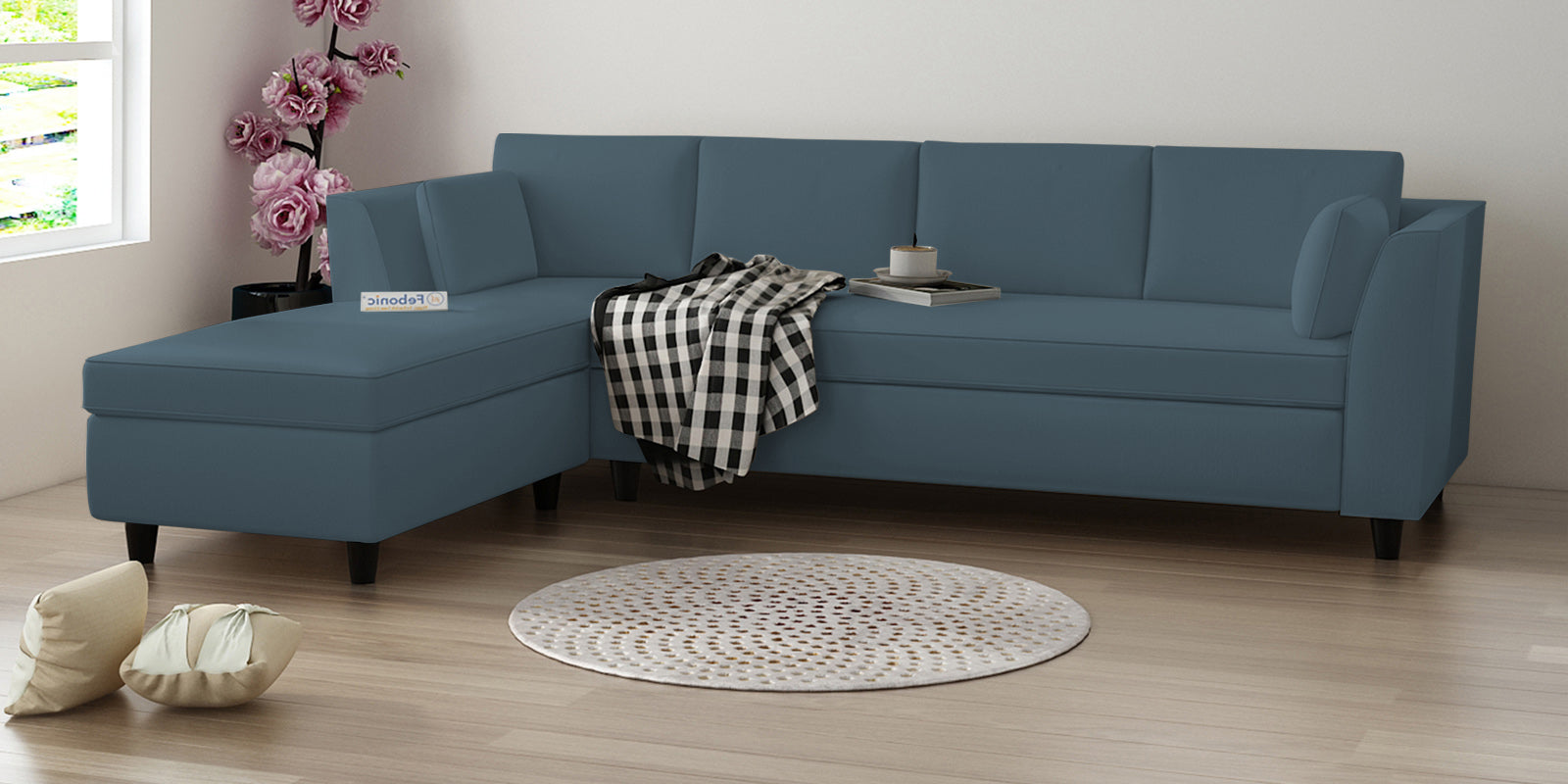 Bristo Velvet RHS Sectional Sofa (3+Lounger) in Oxford Blue Colour - Febonic Living