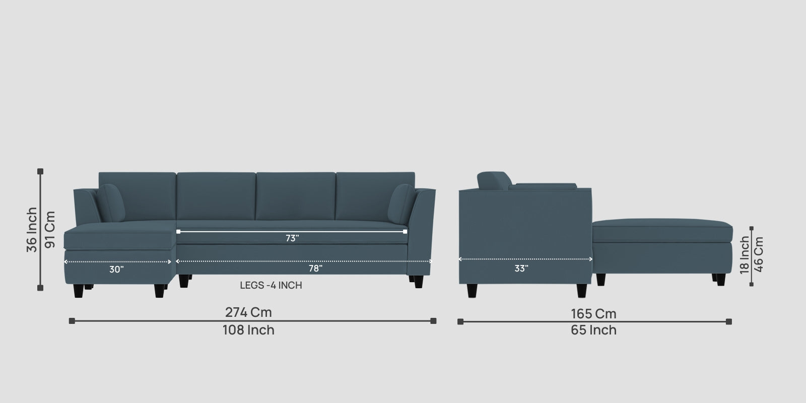Bristo Velvet RHS Sectional Sofa (3+Lounger) in Oxford Blue Colour - Febonic Living