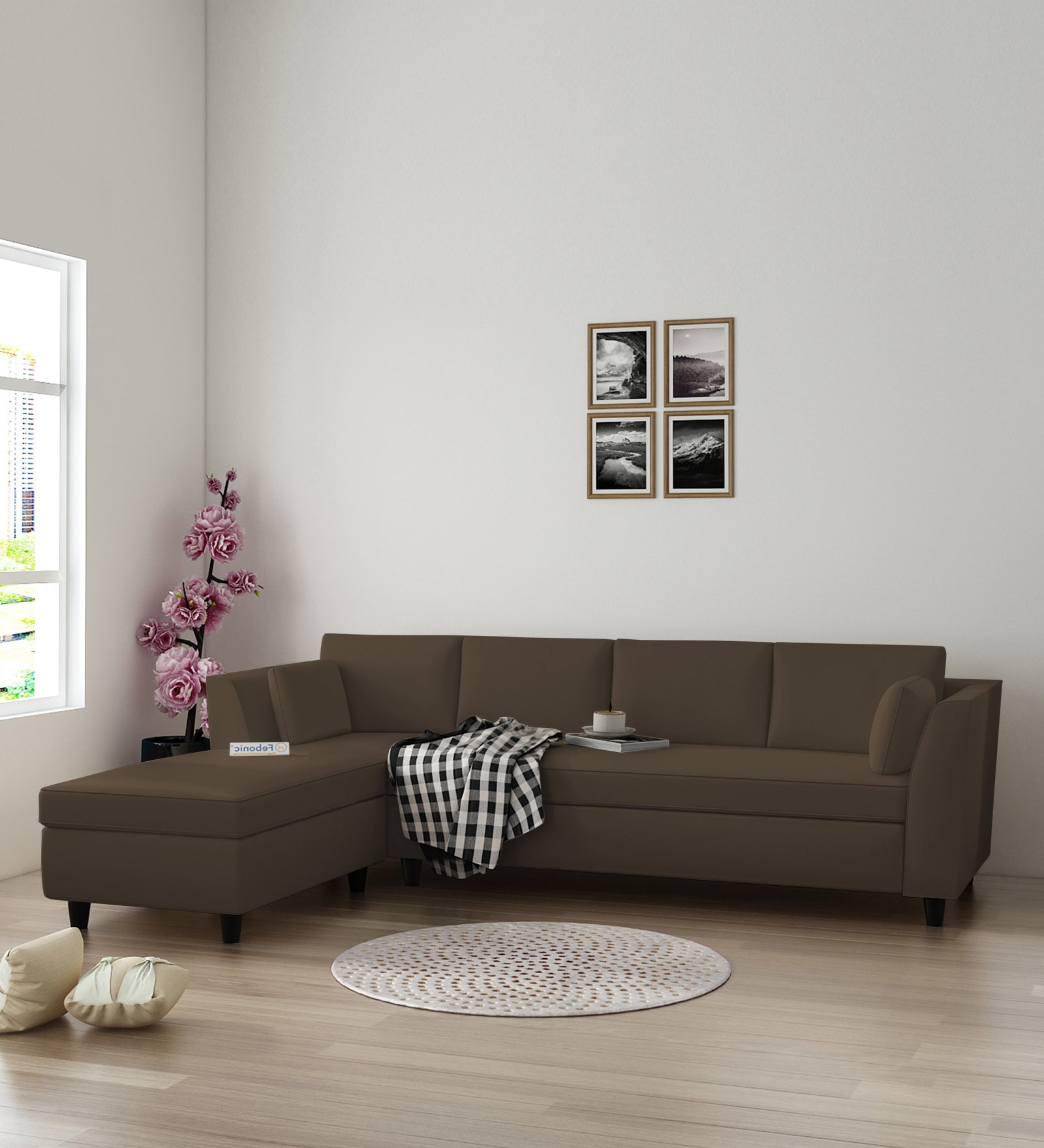 Bristo Velvet RHS Sectional Sofa (3+Lounger) in Shade Brown Colour - Febonic Living