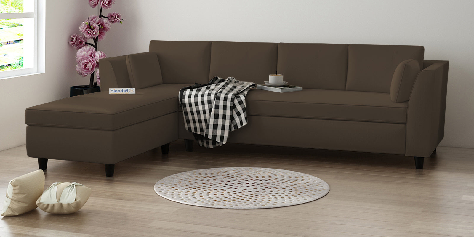 Bristo Velvet RHS Sectional Sofa (3+Lounger) in Shade Brown Colour - Febonic Living