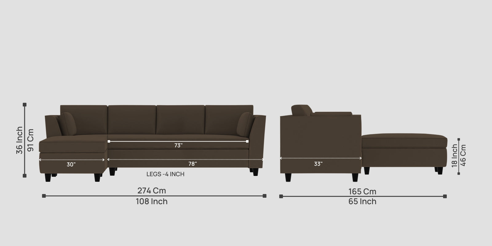 Bristo Velvet RHS Sectional Sofa (3+Lounger) in Shade Brown Colour - Febonic Living