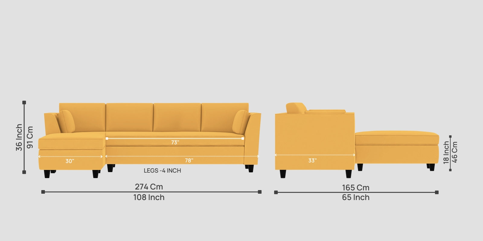 Bristo Velvet RHS Sectional Sofa (3+Lounger) In Turmeric Yellow Colour - Febonic Living