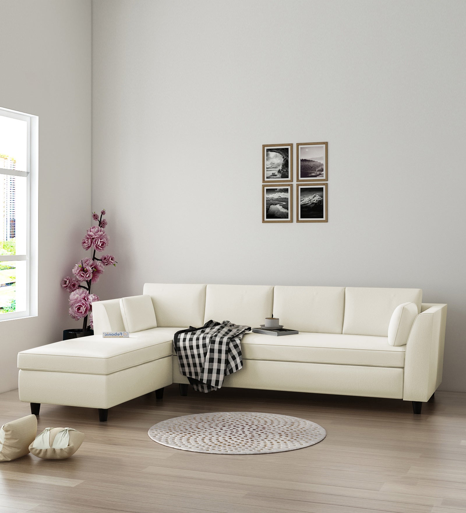 Bristo Velvet RHS Sectional Sofa (3+Lounger) In Warm White Colour - Febonic Living