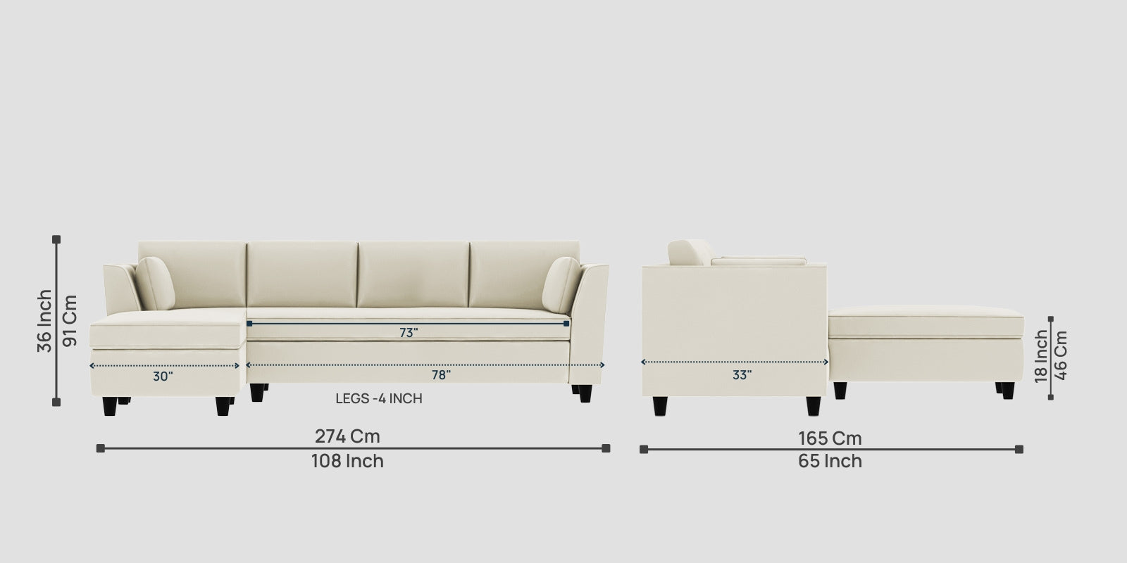 Bristo Velvet RHS Sectional Sofa (3+Lounger) In Warm White Colour - Febonic Living