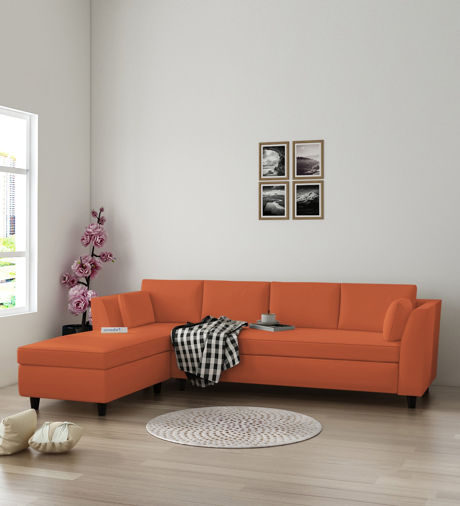 Bristo Velvet RHS Sectional Sofa (3+Lounger) In Yam Orange Colour - Febonic Living