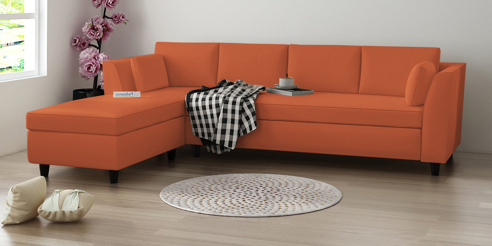 Bristo Velvet RHS Sectional Sofa (3+Lounger) In Yam Orange Colour - Febonic Living