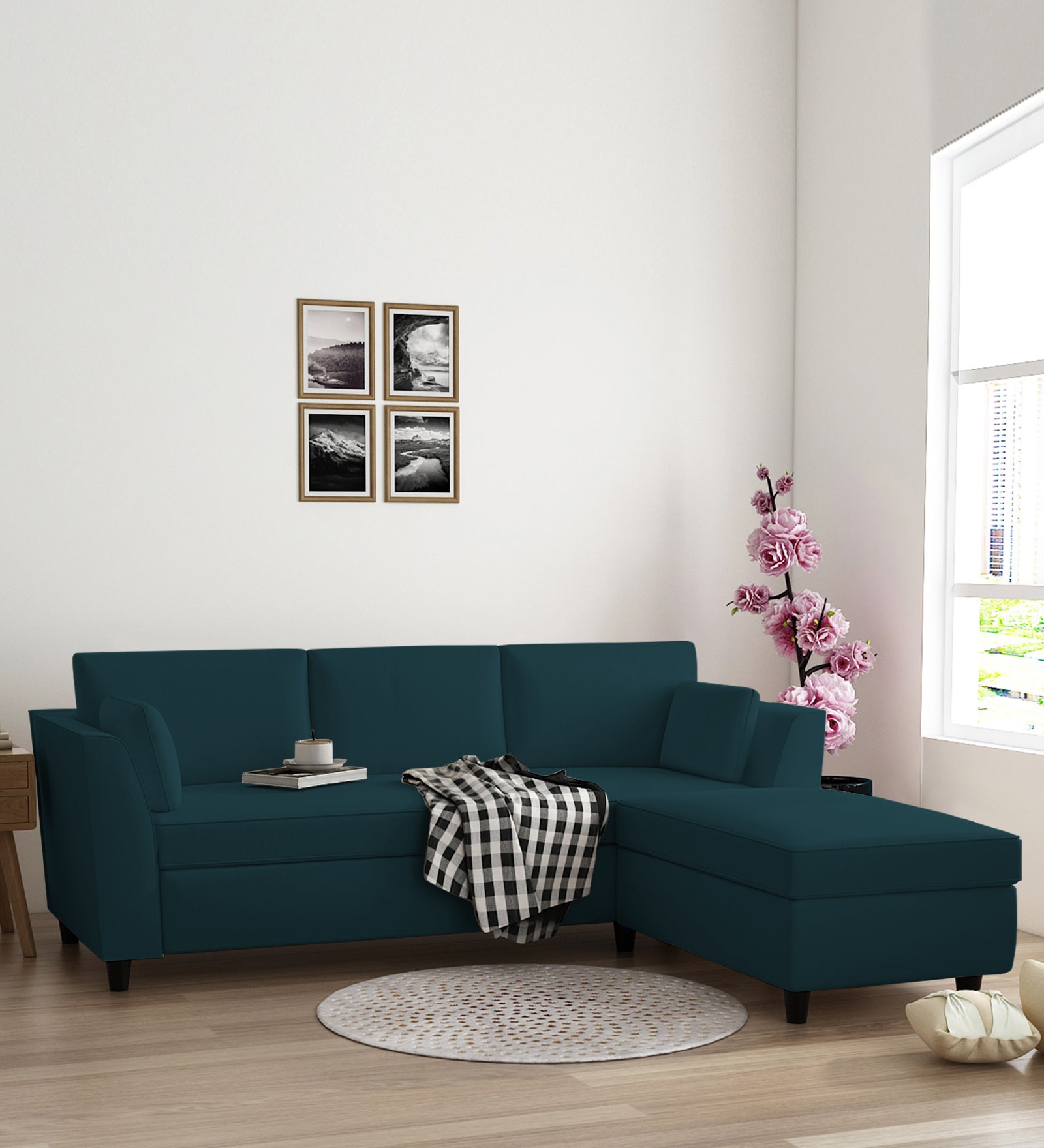 Bristo Velvet LHS Sectional Sofa (2+Ottoman Lounger) In Arabian Green Colour - Febonic Living