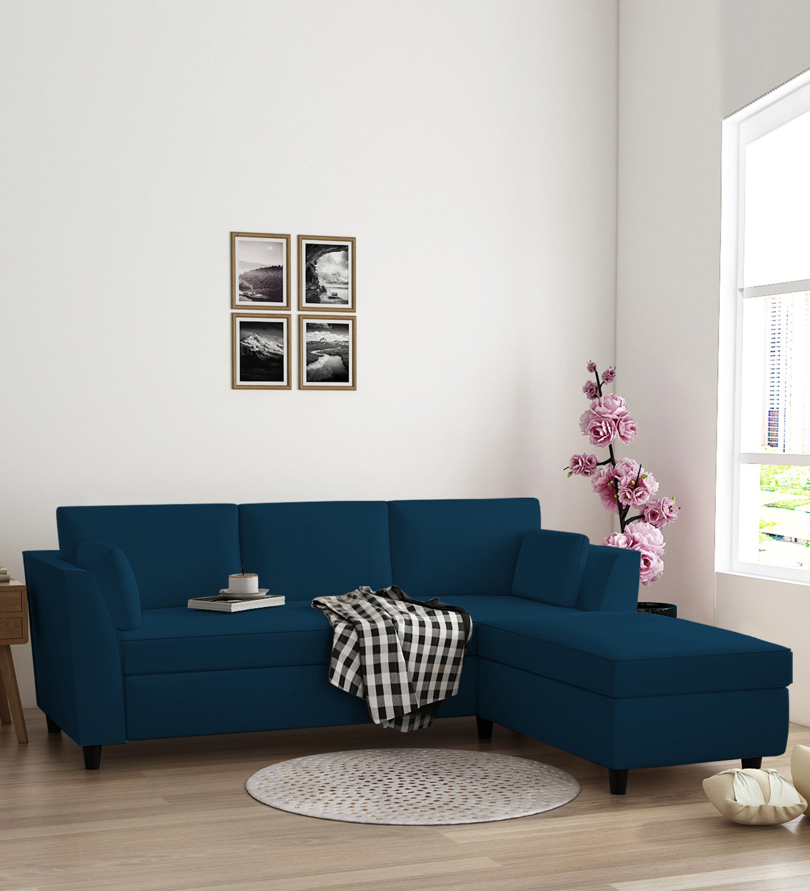 Bristo Velvet LHS Sectional Sofa (2+Ottoman Lounger) In Azure Blue Colour - Febonic Living