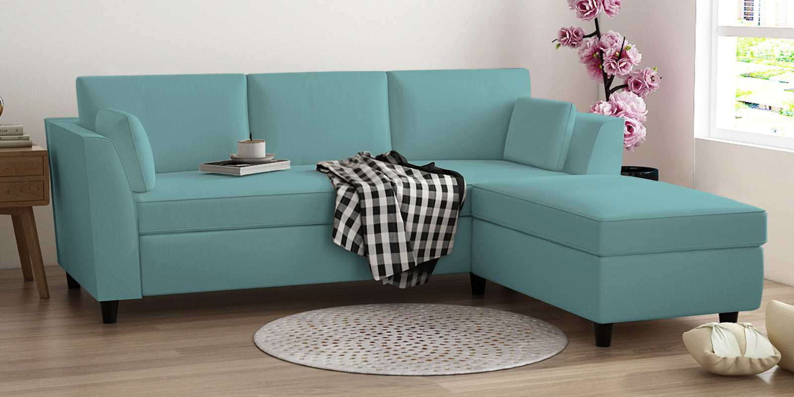 Bristo Velvet LHS Sectional Sofa (2+Ottoman Lounger) In Barmunda Aqua Colour - Febonic Living