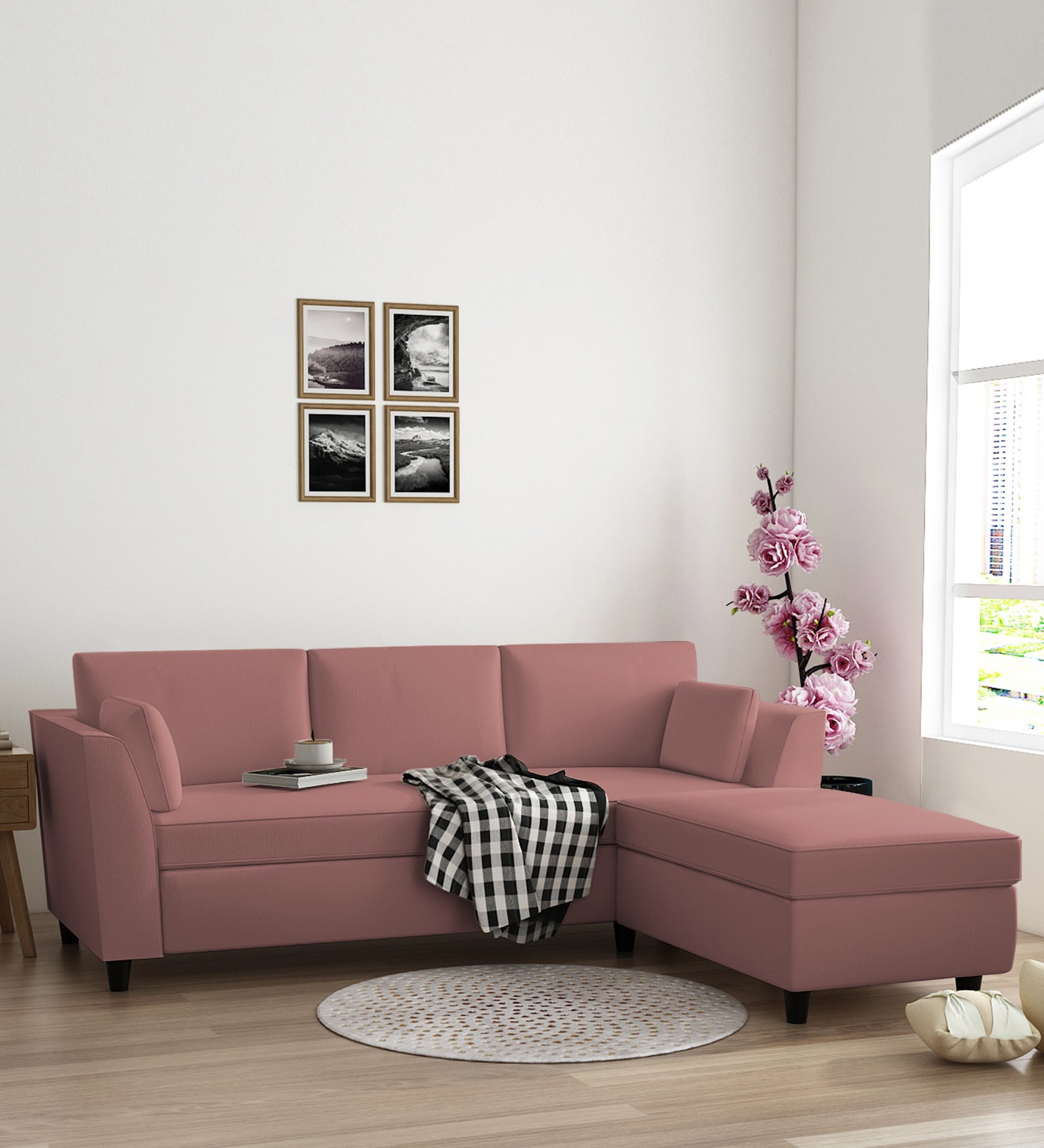 Bristo Velvet LHS Sectional Sofa (2+Ottoman Lounger) In Blush Pink Colour - Febonic Living