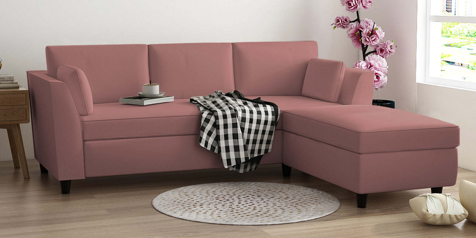 Bristo Velvet LHS Sectional Sofa (2+Ottoman Lounger) In Blush Pink Colour - Febonic Living