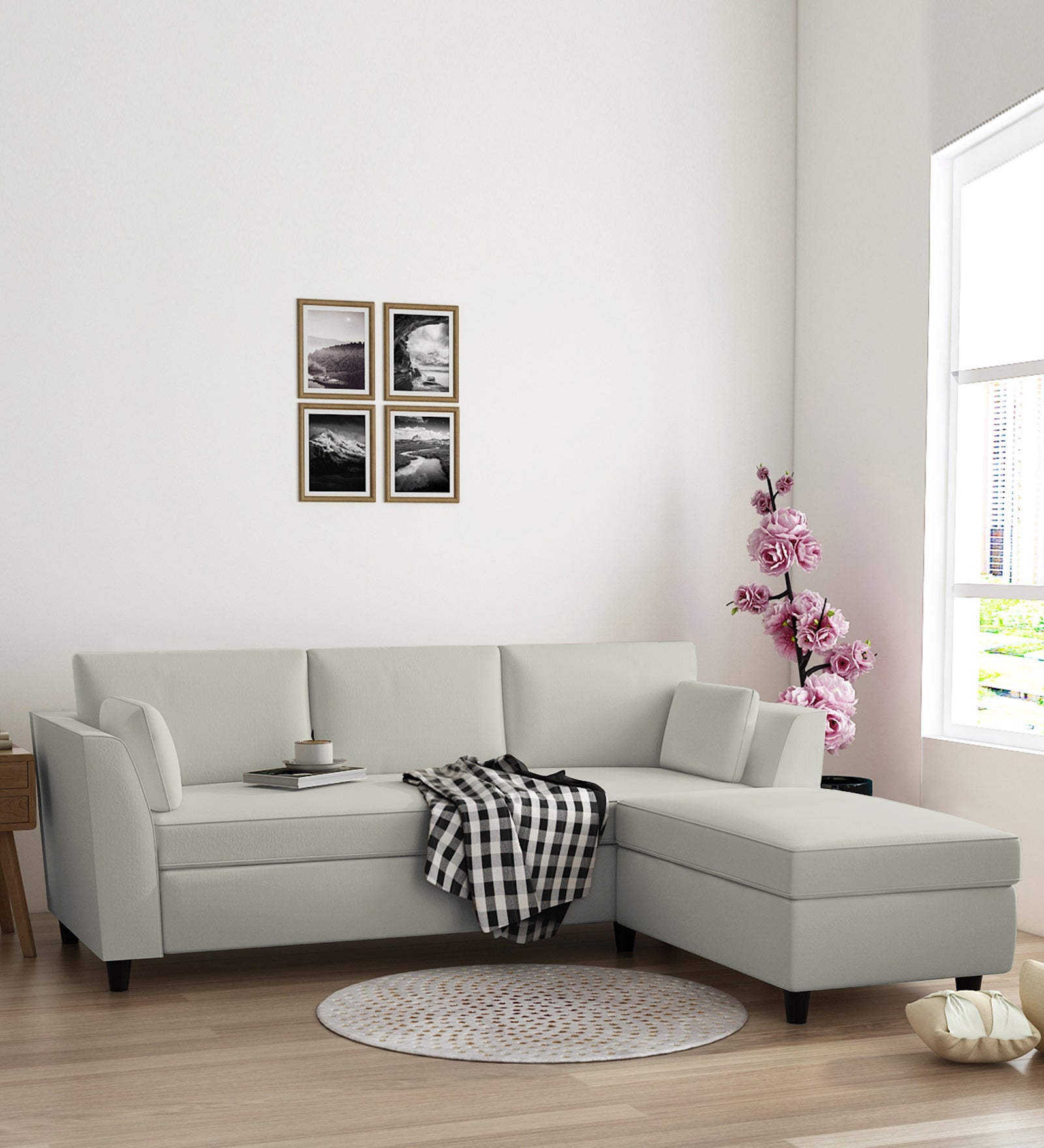 Bristo Velvet LHS Sectional Sofa (2+Ottoman Lounger) In Camel Beige Colour - Febonic Living