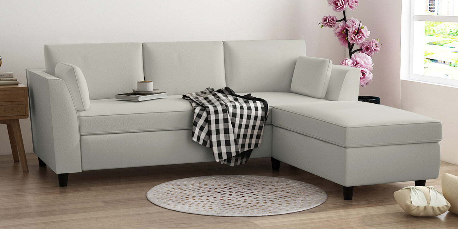 Bristo Velvet LHS Sectional Sofa (2+Ottoman Lounger) In Camel Beige Colour - Febonic Living