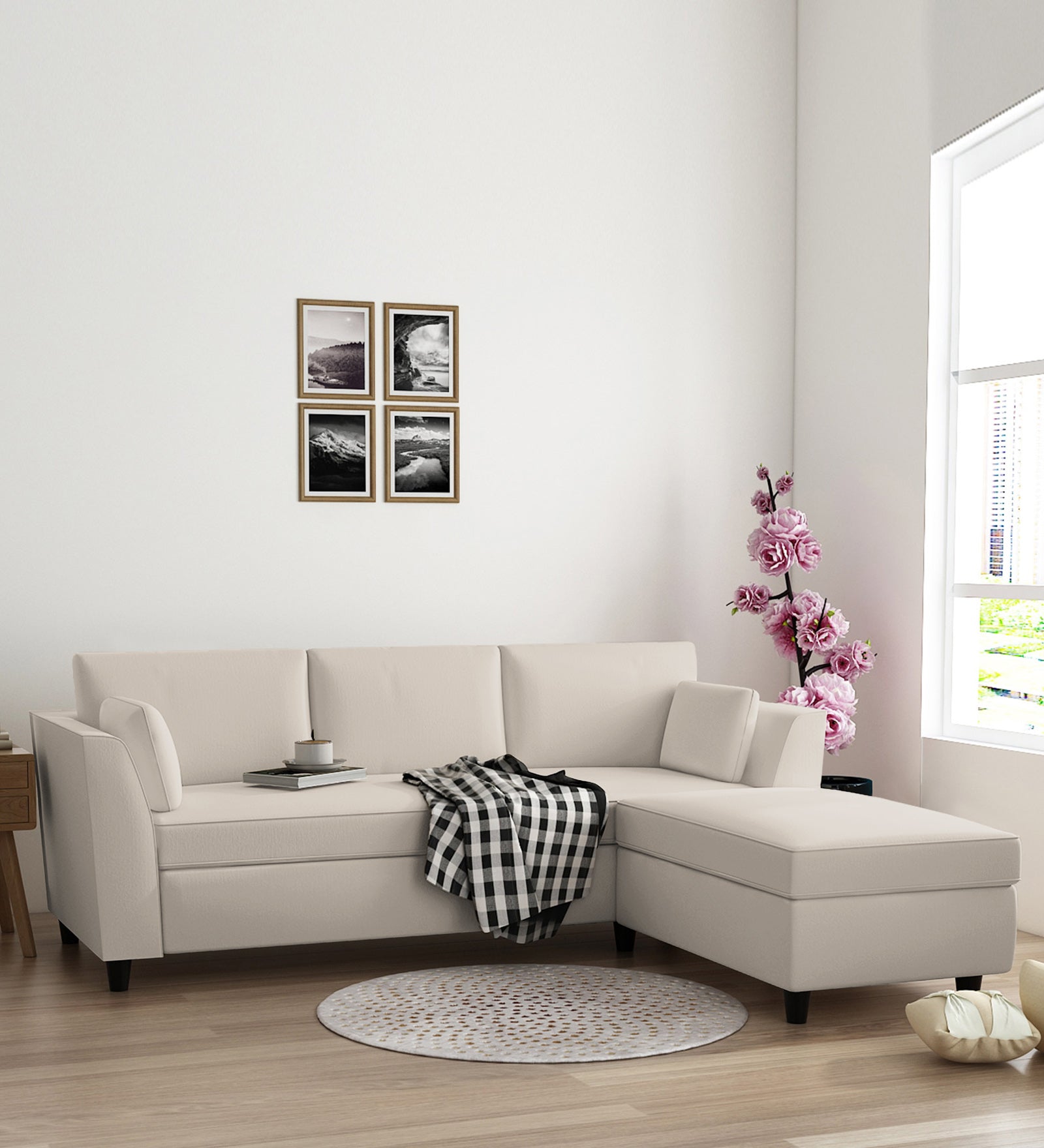 Bristo Velvet LHS Sectional Sofa (2+Ottoman Lounger) In Concrete Grey Colour - Febonic Living