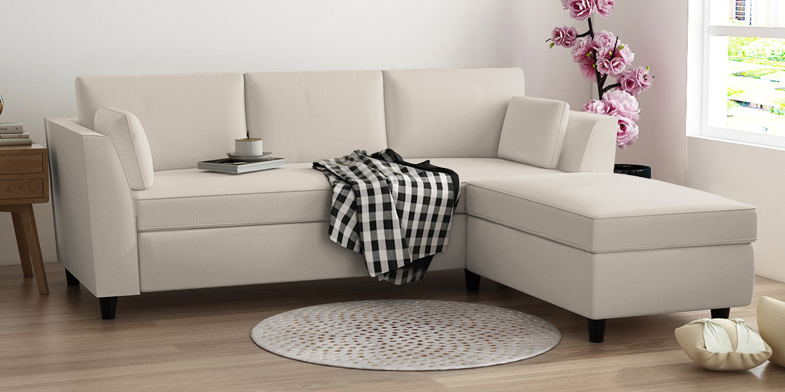 Bristo Velvet LHS Sectional Sofa (2+Ottoman Lounger) In Concrete Grey Colour - Febonic Living