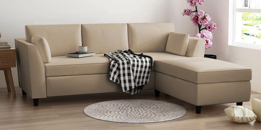 Bristo Velvet Lhs Sectional Sofa 2 Ottoman Lounger In Cream Beige Colour - Febonic Living