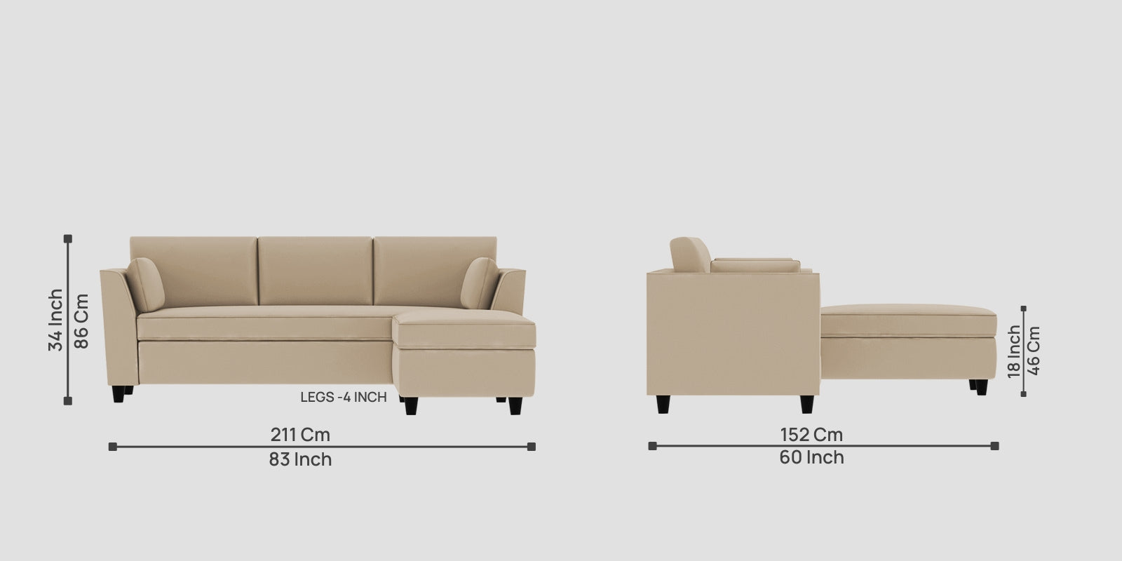 Bristo Velvet LHS Sectional Sofa (2+Ottoman Lounger) In Cream Beige Colour - Febonic Living