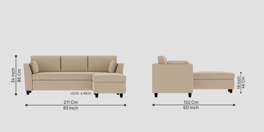 Bristo Velvet Lhs Sectional Sofa 2 Ottoman Lounger In Cream Beige Colour - Febonic Living