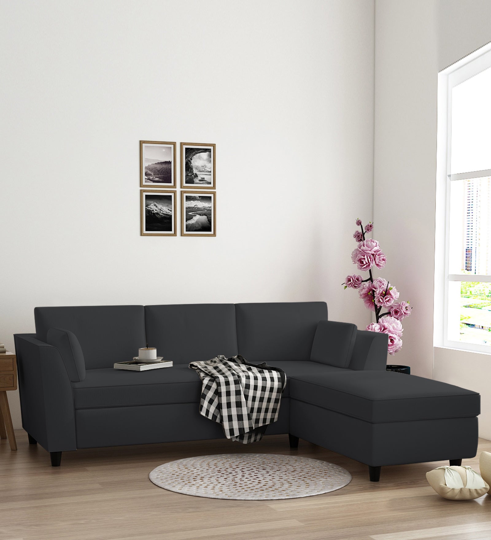 Bristo Velvet LHS Sectional Sofa (2+Ottoman Lounger) In Davy Grey Colour - Febonic Living
