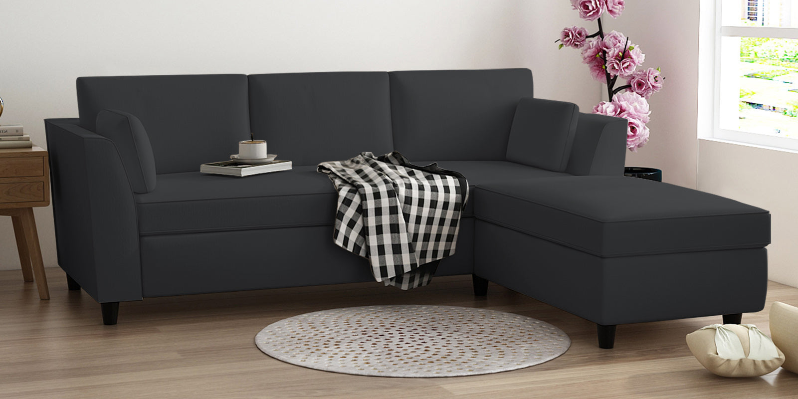 Bristo Velvet LHS Sectional Sofa (2+Ottoman Lounger) In Davy Grey Colour - Febonic Living