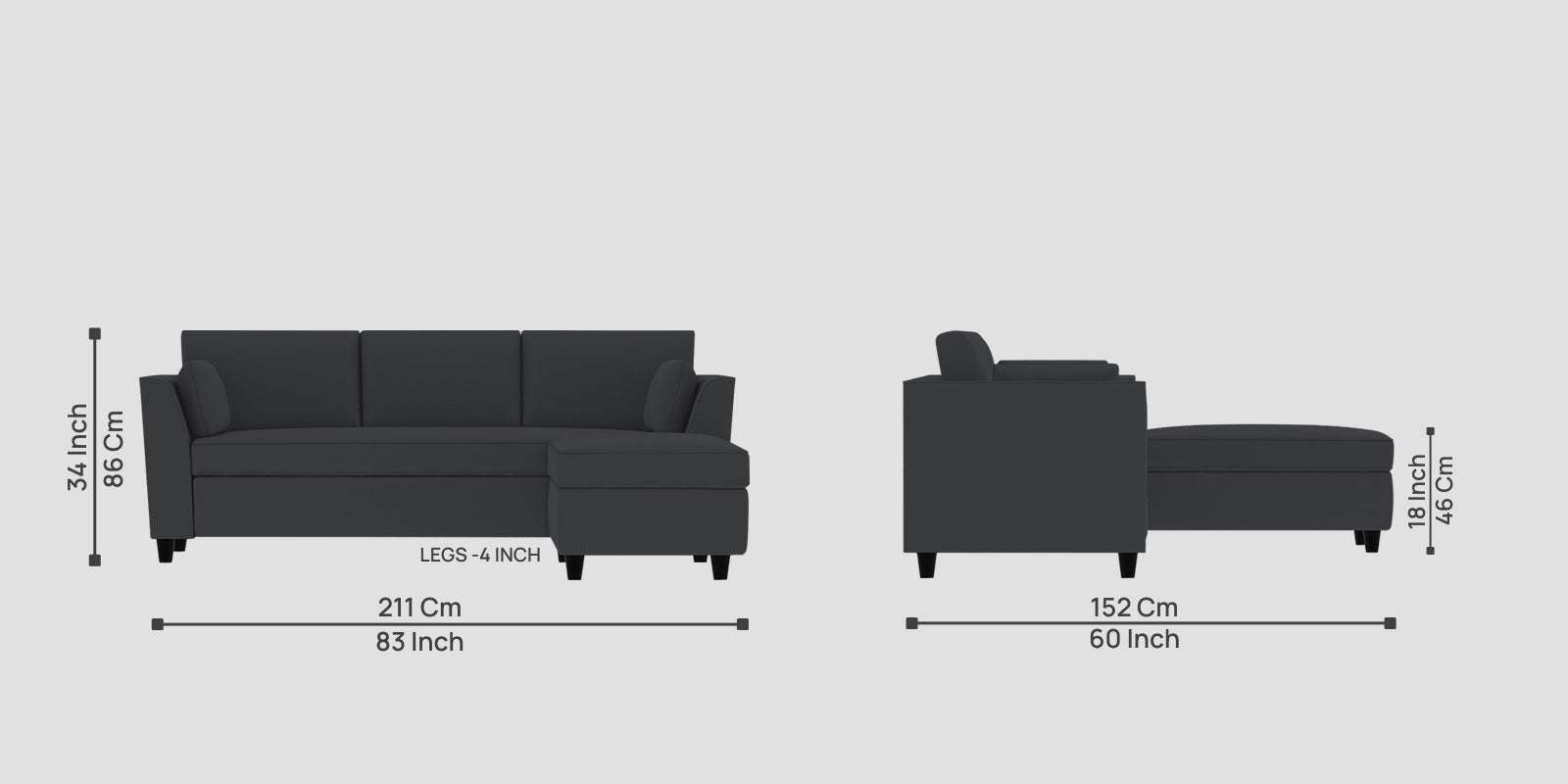 Bristo Velvet LHS Sectional Sofa (2+Ottoman Lounger) In Davy Grey Colour - Febonic Living