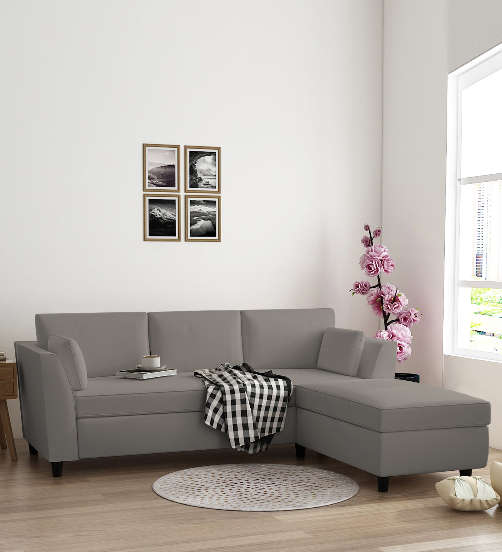 Bristo Velvet LHS Sectional Sofa (2+Ottoman Lounger) In Echo Grey Colour - Febonic Living