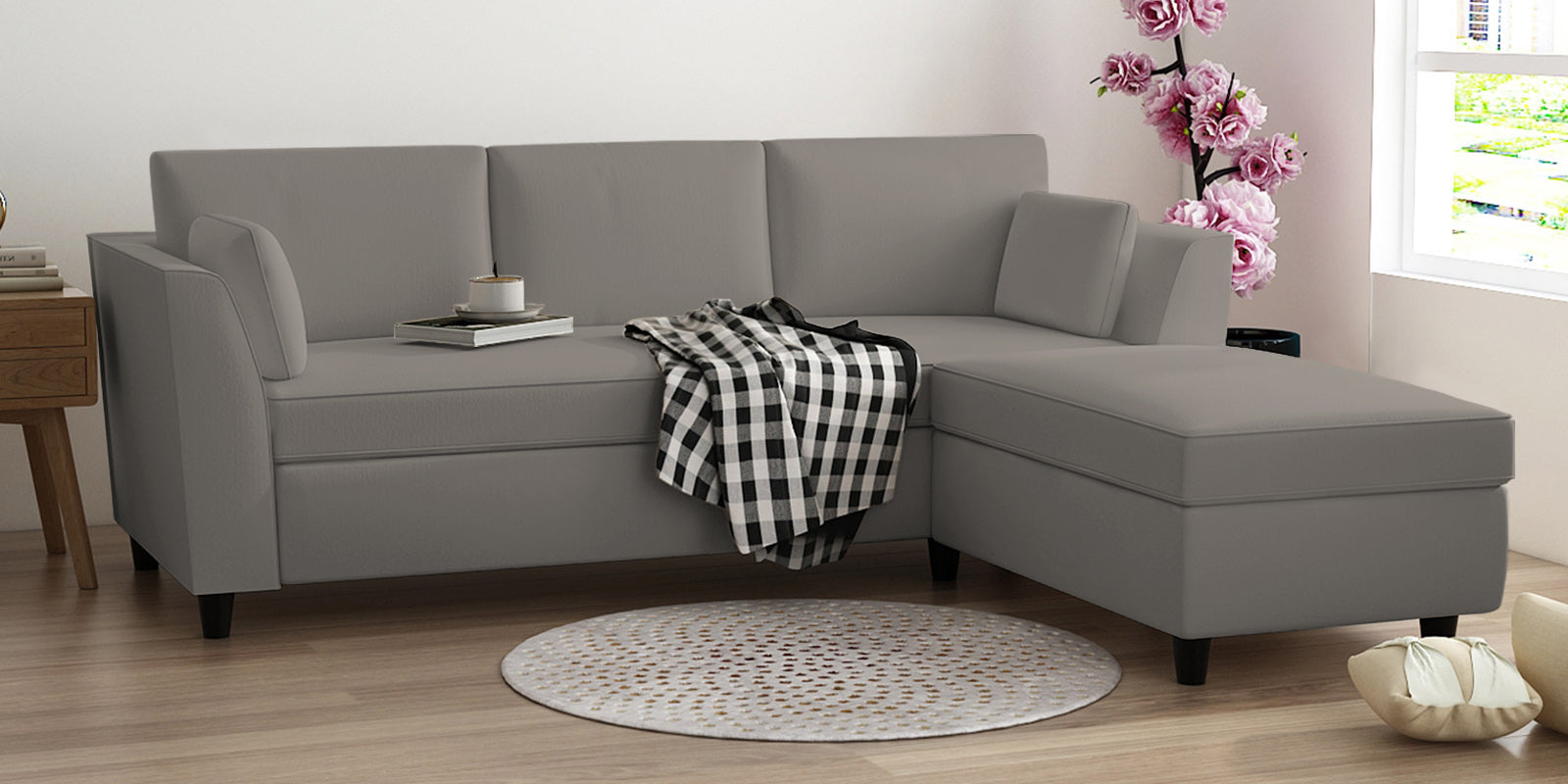 Bristo Velvet LHS Sectional Sofa (2+Ottoman Lounger) In Echo Grey Colour - Febonic Living